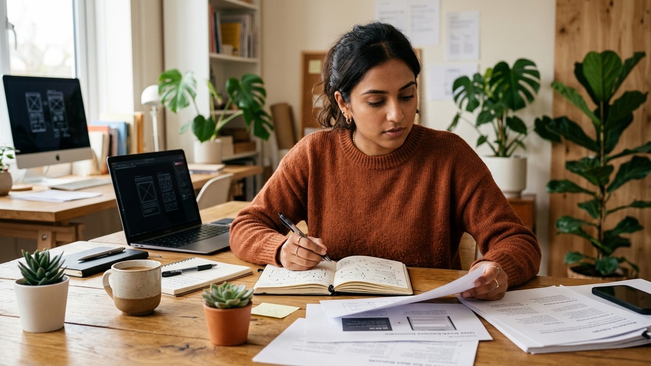 Aspiring UX designer reviewing printed research briefs and problem materials before designing