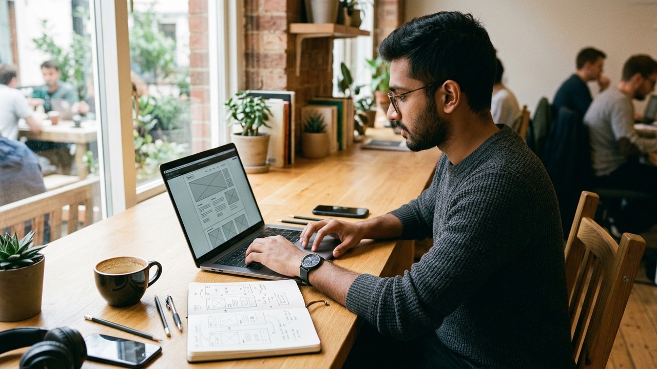 Designer actively creating digital wireframes on laptop with hand-drawn sketches in a notebook