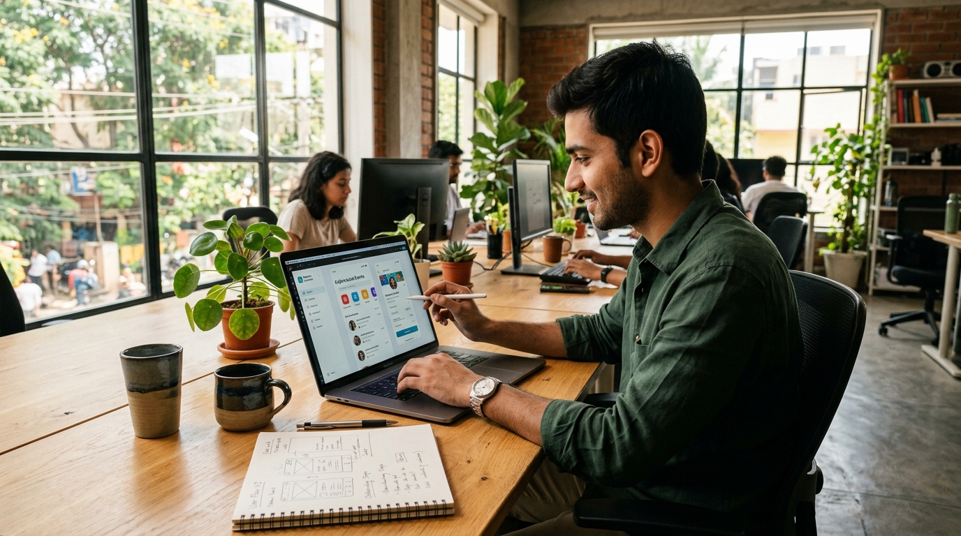 Indian product designer refining a digital product layout on laptop in a modern design studio