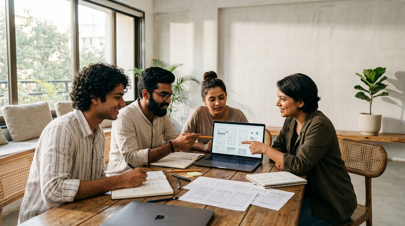 Designers connecting, discussing ideas, and learning together in a collaborative studio